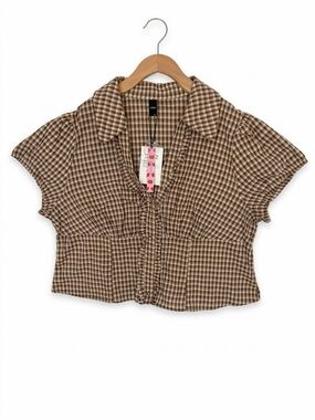 NWT Cider Brown White Gingham Plaid Ruffle Trim Crop Top 4XL Cottagecore Y2K